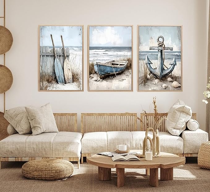 3Pcs Nautical Beach Wall Art Sailboat Paddle and Anchor Paintings Pictures Wall Decor Nautical Coastal Posters Prints Artwork for Living Room Bedroom Home Office Corridor Home Decroation Unframed
