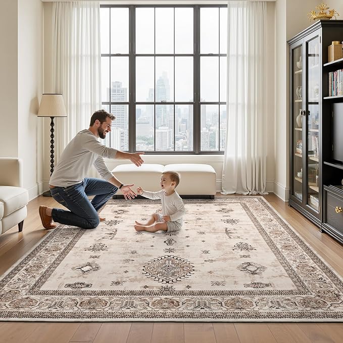 AMOAMI-Vintage Area Rug 8X10 Brown Rugs for Living Room-Soft Living Room Rug Non Slip Rugs for Bedroom Carpet Machine Washable Rug for Dining Room Bedside Office Room Decor