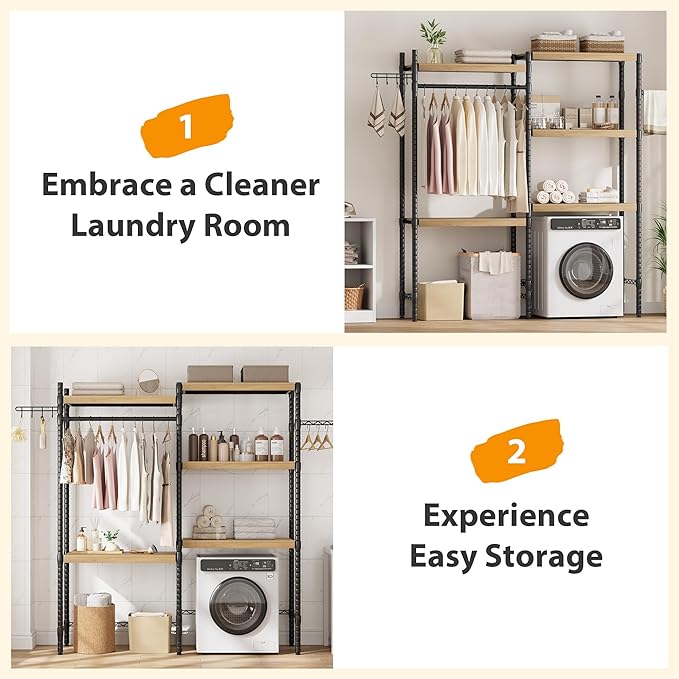 CABIHOME 5-Tier Over-The-Washer Shelf - Adjustable Height Laundry Organizer Space Saver, Double-Layer 100lb Shelves, 2 Hooks for Bathroom/Balcony (Natural& Black)