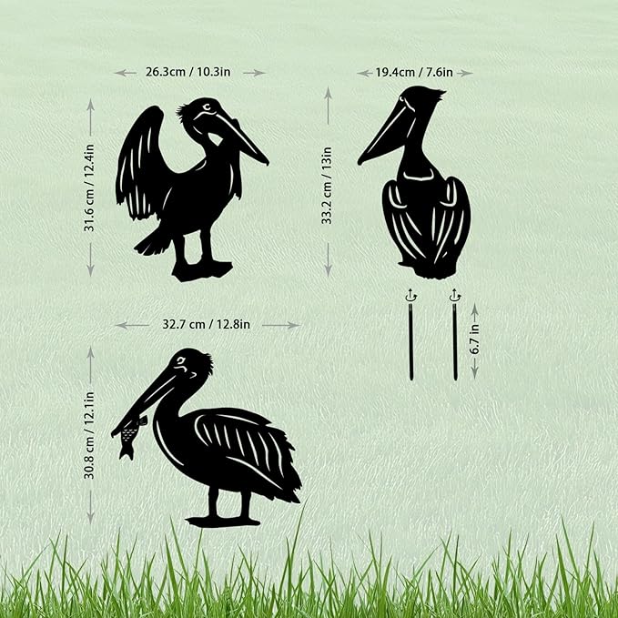 3 Pack Pelican Metal Garden Decorative Stakes, Weather Proof Silhouette Statues for Yard, Patio,Outdoor Decor for Pelican Lovers and Pet Owners