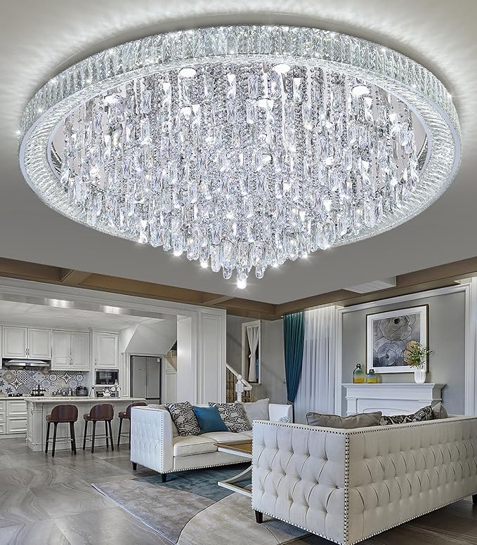 53.7'' Modern Chandeliers LED Dimmable Crystal Flush Mount Ceiling Chandeliers for Living Room High Ceiling Entrance Foyer Lobby Bedroom Silver