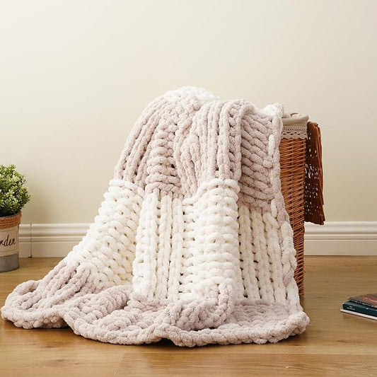 Battilo Chunky Knit Throw Blanket, Soft and Thick Chenille Throw Blanket, 50"x60" Handmade Cable Knit Crochet Blanket, Large Rope Knot Throw Blankets for Couch Sofa Bed Home Decor, Beige & White