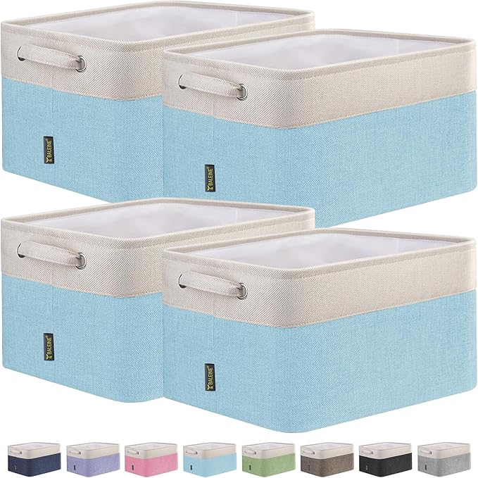 BALEINE 4 Pack Fabric Storage Bins for Shelves, Linen Storage Baskets for Organizing, Decorative Closet Bins for Clothes, Home (Skyblue, 15''x11''x9.5'')