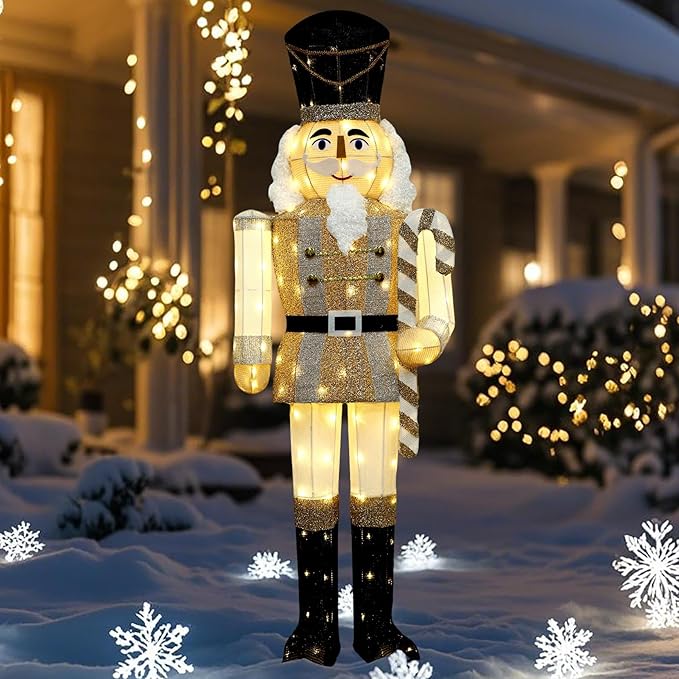61Inch Nutcracker Christmas Decor Outdoor with LEDs 5 Feet Lighted Large Nutcracker Lighted Christmas Decorations Outdoor with Stakes & Zip Ties for Xmas Yard, Porch, Lawn