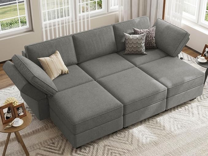 Belffin Terry Fabric Modular Sectional Sleeper Sofa Bed with Storage Convertible Sectional Couches for Living Room 6 Seaters Light Grey Modular Sofa