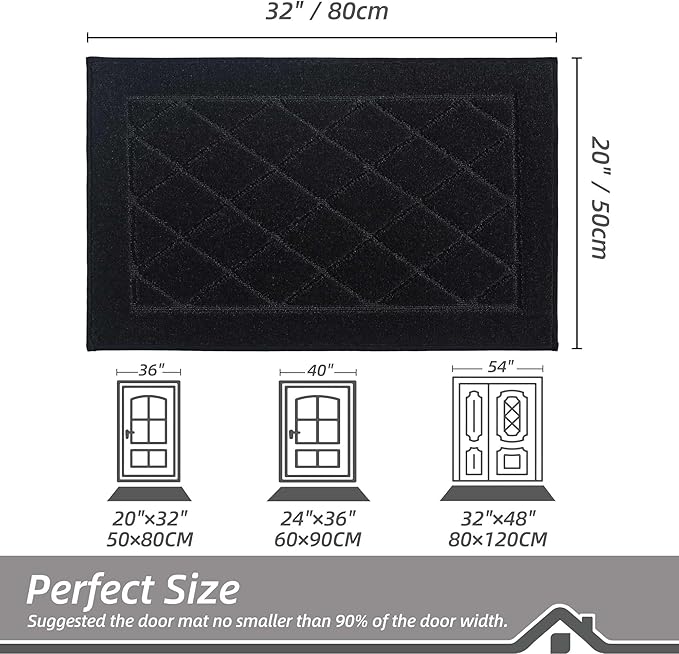 BEQHAUSE Dirt Trapper Door Mat 20" x 32", Doormat Non-Slip Entryway Rugs Washable, Dog Door Mat Stain Resistant and Absorbent Welcome Floor Mat for Front Back Door, Muddy Wet Shoes & Paws, Black