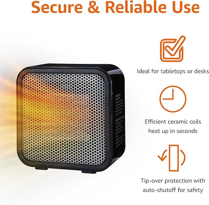 Amazon Basics Ceramic Space Heater, Mini Heater for Office Desk, Portable Tent Heater for Camping (Indoor Use), 500 W, With Tip-Over Protection, Lightweight (1.4 LBS), Black, 5.87”D x 3.15”W x 5.95”H