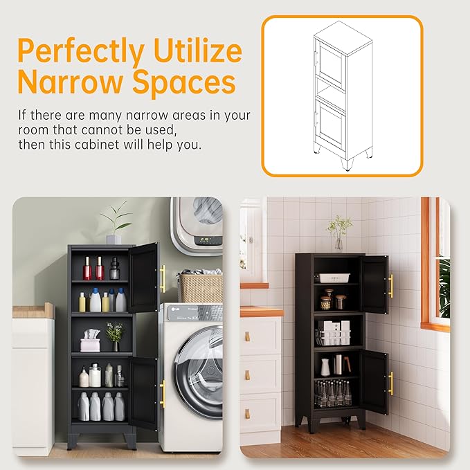 47.24" H Metal Narrow Bathroom Storage Cabinet Pantry Storage Cabinet, 2 Adjustable Shelves for Kitchen, Home Office, Living Room, Dinning Room (Black)