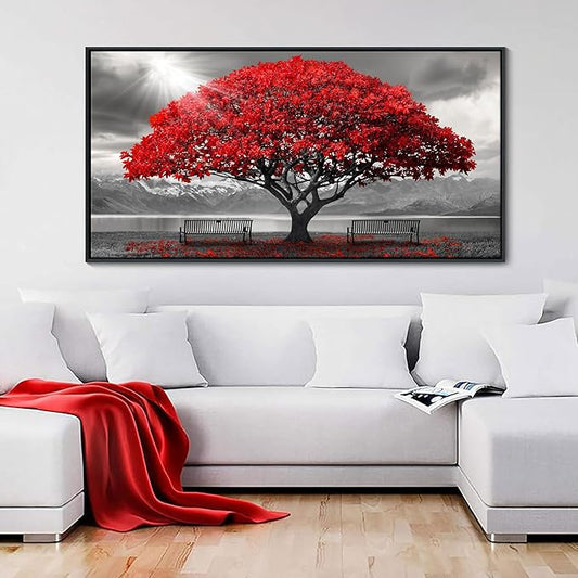 AJAZIKO Red Wall Art - Modern Framed Wall Art for Living Room - Red Tree Black and White Landscape Canvas Prints Posters & Prints for Home Office Bedroom Decorations - Large Wall Pictures 29×58IN
