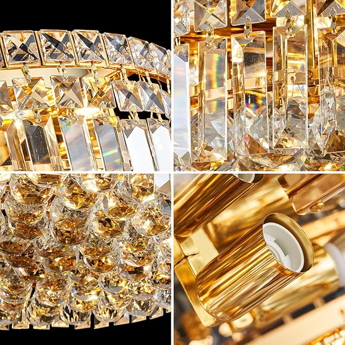 6-Lights Gold Crystal Flush Mount Chandelier Light Fixture K9 Crystals Modern Ceiling Lights Elegant Pendant Lamp for Bedroom,Hallway,Bar,Living Room,Dining Room,H5.9 xW20 (Bulbs Not Included)