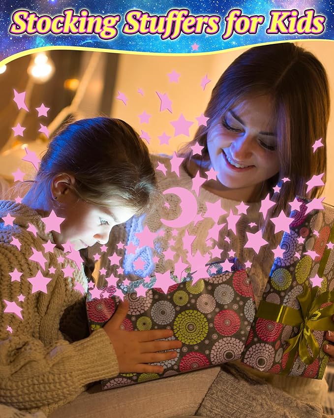 201 Pcs Glow in The Dark Stars Stickers for Ceiling, Pink Toddler Wall Room Decor Gifts, Luminous 3D Glowing Stars Stocking Stuffers for Kids Boys Girls
