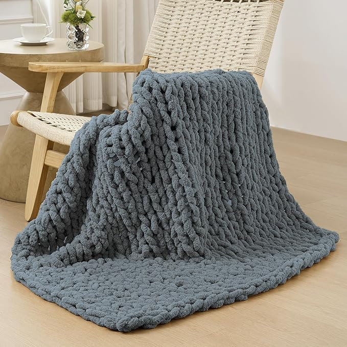 Bigacogo Chunky Knit Throw Blanket for Couch, 40x40 inches, 100% Hand Knitted with Thick Jumbo Chenille Yarn, Cozy Soft Large Rope Knot Cable Crochet Blankets for Sofa Bed Living Room, Iron Gray