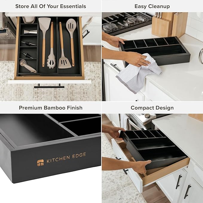 Adjustable Kitchen Drawer Organizer for Utensils and Junk, Food-Safe Contract Grade with 100% Sustainable Wood, Expandable from 10.5 to 19 Inches Wide - Black Bamboo