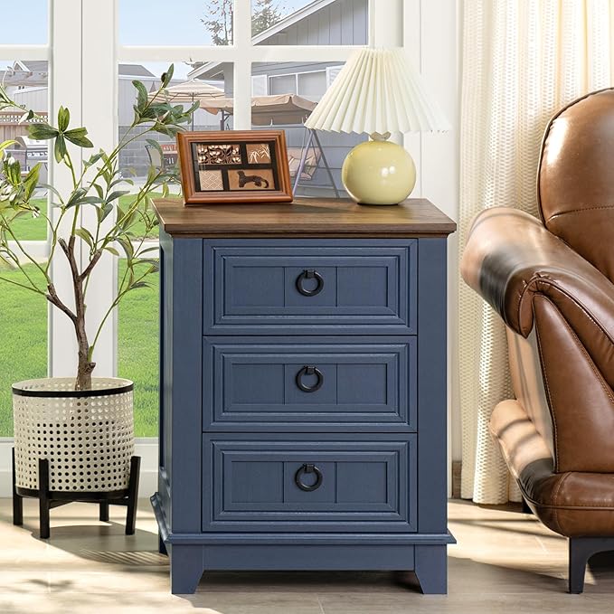 18" Farmhouse Night Stand with 3 Drawers, Wood End Table Dresser for Bedroom, Navy Blue Nightstand, Bed Side Table with Metal Handle, Bedside Cabinet for Bedroom Living Room, Closet