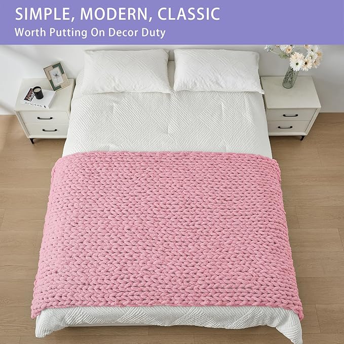 Bigacogo Chunky Knit Throw Blanket for Couch, 40x80 inches, 100% Hand Knitted with Thick Jumbo Chenille Yarn, Cozy Soft Large Rope Knot Cable Crochet Blankets for Sofa Bed Living Room, Blush Pink