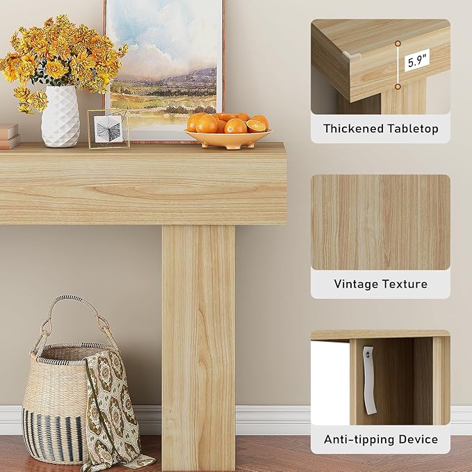 63 Inch Long Console Table for Entryway, Farmhouse Wood Rectangular Sofa Table Behind Couch Table, Narrow Entryway Table for Living Room, Entrance, Hallway, Foyer, Easy Assembly (Natural)