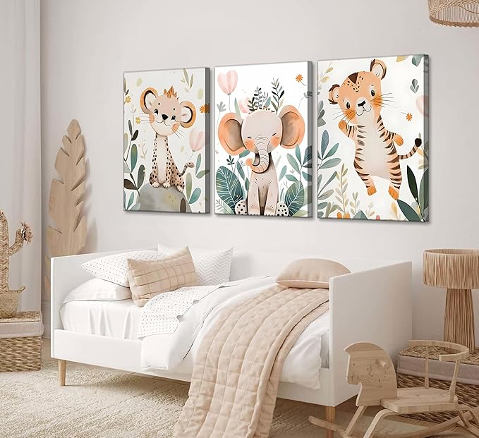 3 Pcs Safari Animals Nursery Canvas Wall Art Jungle Animals Cheetah Elephant Tiger Kids Room Illustration Pictures Wall Decor Posters Print Artwork for Classroom Boy's Girl's Room Bedroom