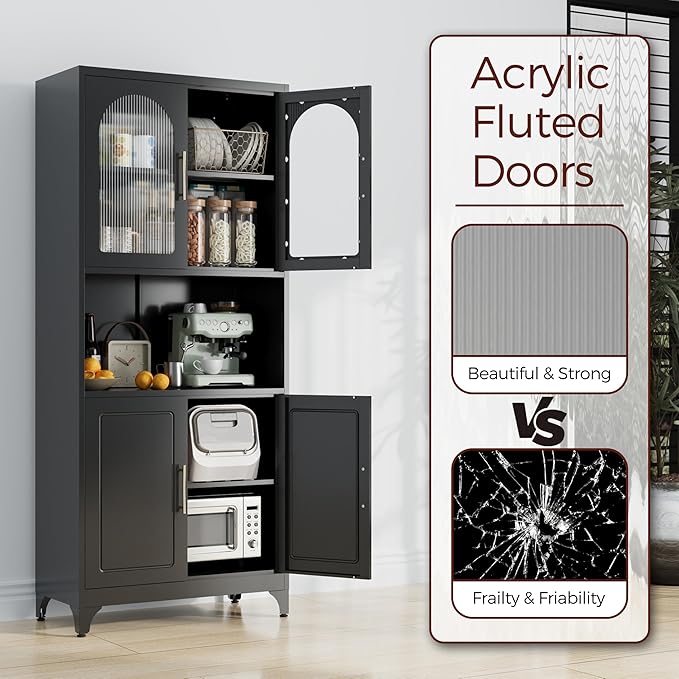 75" Tall Kitchen Pantry Cabinet, Metal Storage Cabinets with Acrylic Doors and Adjustable Shelves, Hutch Cabinet with Storage, Black Microwave Stand Cabinets for Dining Living Room