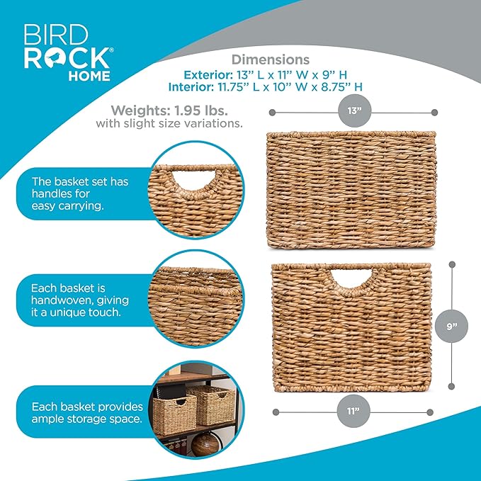 BIRDROCK HOME Storage Shelf Organizer Baskets with Handles - Handwoven Abaca Seagrass Wicker Basket for Pantry, Living Room, Office & Bathroom, Versatile Under Shelf Storage - Set of 3, Natural
