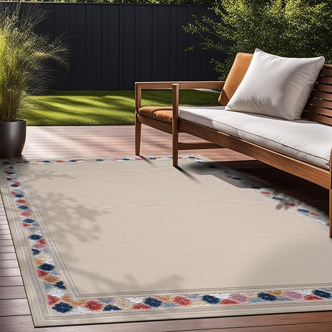 Beverly Rug Outdoor Rug 5x7 Modern Bordered Area Rugs for Indoor and Outdoor Patio Easy to Clean Non Shedding Living Room Porch Garden Washable Outside Carpet (5 x 7 Beige)