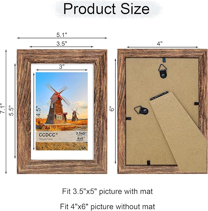 4x6 Picture Frame Set of 4, 4 x 6 Wood Photo Frames with Mat for 3.5x5, Natural Wooden Frame with Real Glass Cover for Wall and Tabletop Display,Rustic Brown