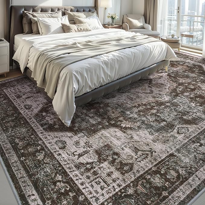 AMOAMI-4X6 Area Rugs for Living Room -Soft Vintage Bedroom Rugs-Non Slip Washable Rug-Throw for Living Room Bedroom Bedside Dining Room Office Brick/Brown