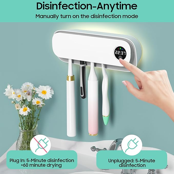 BlueBark UV Toothbrush Holders for Bathrooms, Air DryingHolder Smart Home Bathroom Accessories, Timer Function & 5 Toothbrush Slots, Toothbrush Holder Wall Mounted with Replaceable Slot