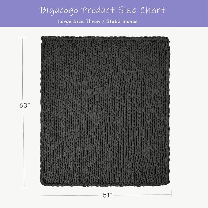 Bigacogo Chunky Knit Throw Blanket for Couch, 51x63 inches, 100% Hand Knitted with Thick Jumbo Chenille Yarn, Cozy Soft Large Rope Knot Cable Crochet Blankets for Sofa Bed Living Room, Dark Grey