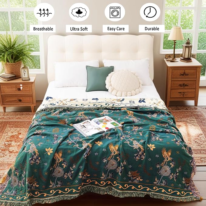 Boho 100% Organic Cotton Large Throw Blanket 50" x 60" - All Season Rustic Ultra Soft Breathable Floral Bird Blanket for Bed Sofa Couch Chair Bedspread Quilt Gift-Teal,Beige