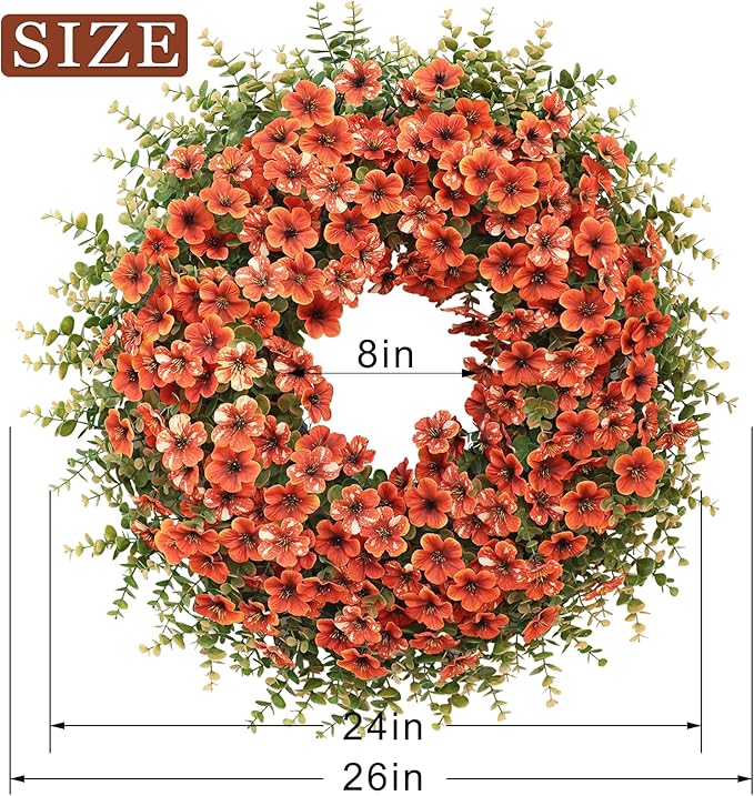 26" Fall Wreath for Front Door, Porch, Window - Large Artificial Boxwood Leaves with Fake Daisy Flowers Outdoor Wreath Faux Eucalyptus for Home Farmhouse Harvest Festival Thanksgiving Day Autumn Decor
