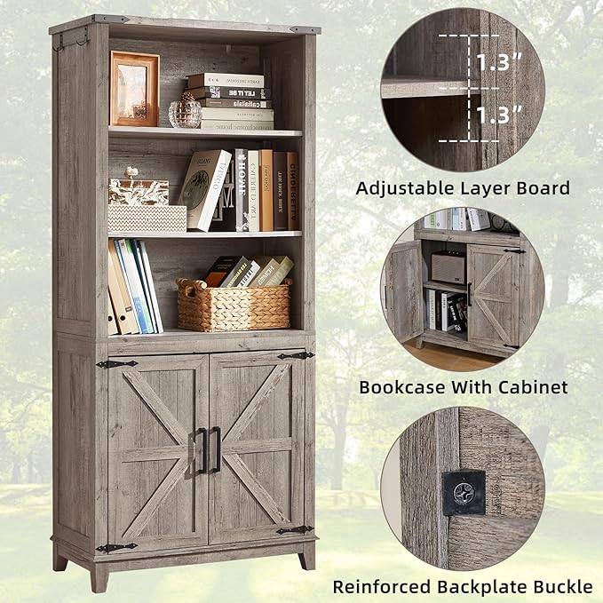 70in Tall Bookshelf 5 Tier Bookcase with Barn Doors and Adjustable Shelves, Grey Farmhouse Book Shelf with Storage Cabinet, Wood Freestanding Display Bookshelves for Bedroom, Living Room