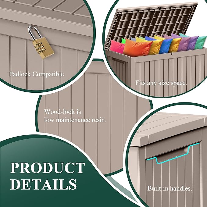 230 Gallon Outside Storage Box, Resin All Weather Storage Cabinet, Large Deck Box for Garden Tools, Patio Furniture, Sports Equipment, Light Brown