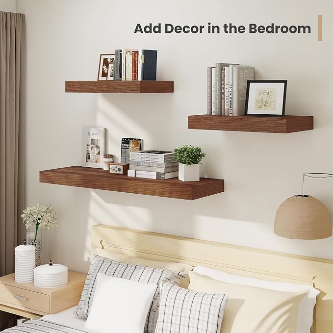 Heimlove 12 Inch Deep Floating Shelves, 48 x 12 inches Long Wall Shelf, Large Display Shelf & Storage Shelf, Rustic Wood Wall Shelves for Fireplace Mantel, Set of 2(Walnut)