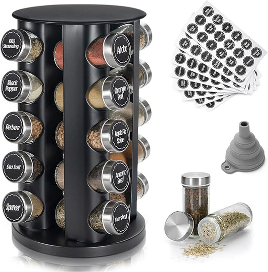Black Countertop Revolving Spice Rack, Empty 20-Jars Rotating Spice Rack Organizer, Round Carousel Tower, 135 Spice Labels with Funnel Complete Set, for Kitchen Countertop, Cabinet