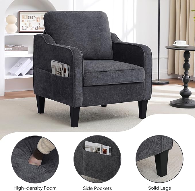 Accent Chairs Set of 2, Upholstered Living Room Chairs with Side Pockets, Mid Century Modern Reading Chair for Bedroom, Comfy Armchair Single Sofa Side Chair for Office, Small Room, Dark Grey