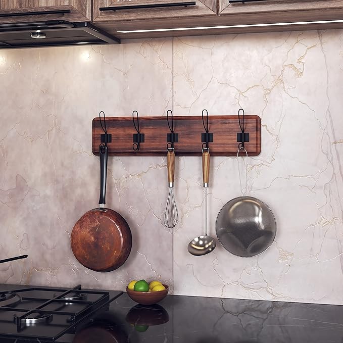 HBCY Creations Dark Wash Brown Rustic Coat Rack Wall Mount with 5 Hooks, Solid Pine Wood 24 inch Wall Hooks for Entryway, Mudroom, Hallway, Bathroom - Vintage Farmhouse Style Wall Mounted Towel Rack