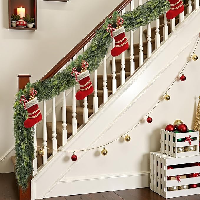 9 ft Christmas Garland, Cedar Garland, Real Touch Cypress Garlands, Green Artificial Greenery Garland for Mantel Indoor Outdoor Christmas Decorations