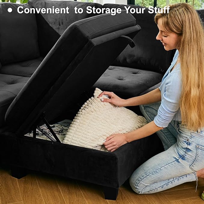 Belffin Modular Sectional Sleeper Sofa with Pull Out Bed Velvet Convertible U Shaped Sectional Sofa Couch with Storage Chaises for Living Room Black