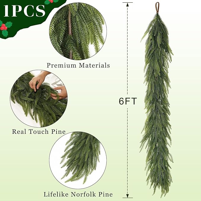 6FT Christmas Norfolk Pine Garland -1PCS, Artificial Pine Needles Garlands Faux Greenery Fake Garland for Holiday Fireplace,Table,Window,Stairs,Mante,Indoor Outdoor Decor