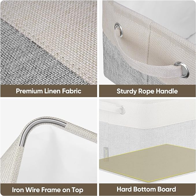 BALEINE 3 Pack Fabric Storage Bins for Shelves, Linen Storage Baskets for Organizing, Decorative Closet Bins for Clothes, Home (Grey, 12"x8"x8")