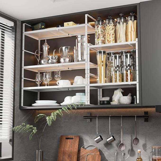 16.5~27.1" Expandable Shelf Organizer, 1Pack 10.2" Wide Stackable Cabinet Shelf Organizers, White Metal Sturdy Kitchen Counter Storage for Countertop, Adjustable Height Spice Rack