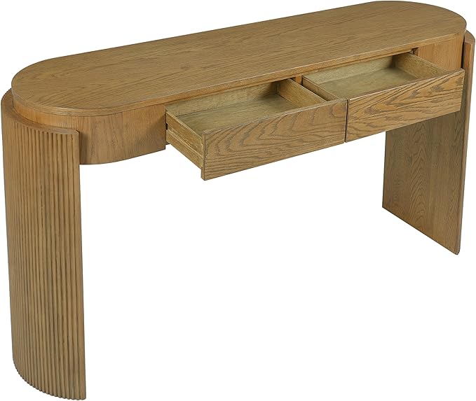 55" Sofa Table with Oval Top and 2 Drawers, Entryway Console Table with Fluted Design for Hallway,Foyer,Entry and Living Room (Fully Assembled-Pine Wood)