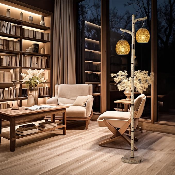 68.5" Rustic Farmhouse Remote Control Switch Birch Tree Floor lamp with Bird Nest Lantern Shade Vintage Standing Lamp for Living Room Bedroom Hotel Bar Office Wood House(Bulb Included)