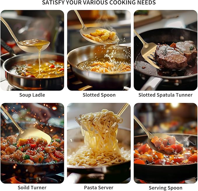 304 Stainless Steel Cooking Utensil,Kitchen Kitchen Utensil with Spatula, Solid Spoon, Ladle, Skimmer, Spaghetti Spoon, 6 Piece Set, Dishwasher Safe(Gold)