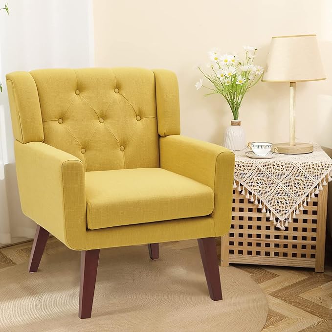 Accent Chair Button-Tufted Upholstered Living Room Chairs Comfy Reading Chair Mid Century Modern Chair with Linen Fabric Lounge Arm Chairs for Living Room Bedroom (Yellow)