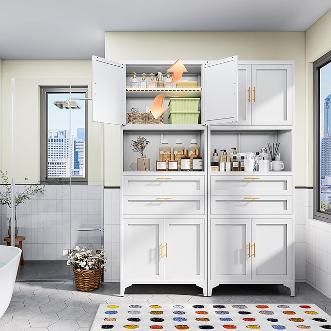 75” Tall Kitchen Pantry Storage Cabinet, Metal Bathroom Storage Cabinet with 2 Drawers and Adjustable Shelves, Kitchen Pantry Cupboard, Freestanding Cupboard for Bathroom, Living Room (White)