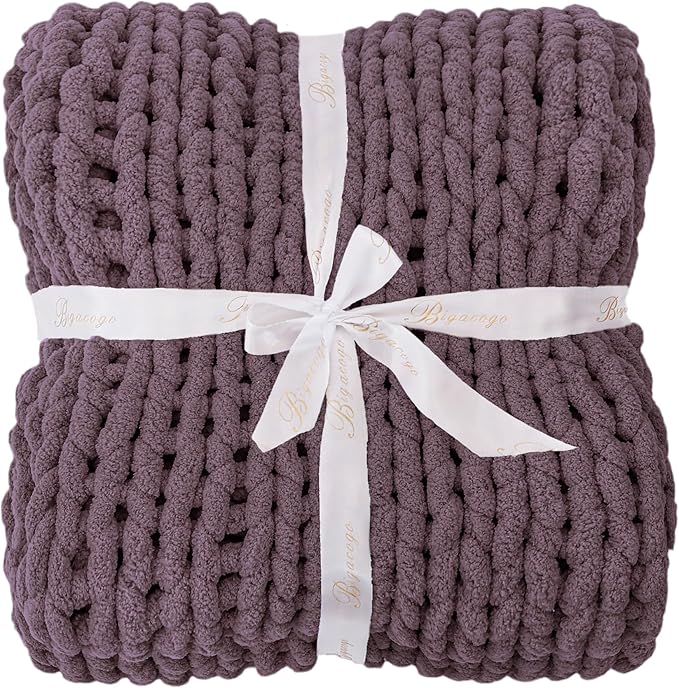 Bigacogo Chunky Knit Throw Blanket for Couch, 40x80 inches, 100% Hand Knitted with Thick Jumbo Chenille Yarn, Cozy Soft Large Rope Knot Cable Crochet Blankets for Sofa Bed Living Room, Winter Grape