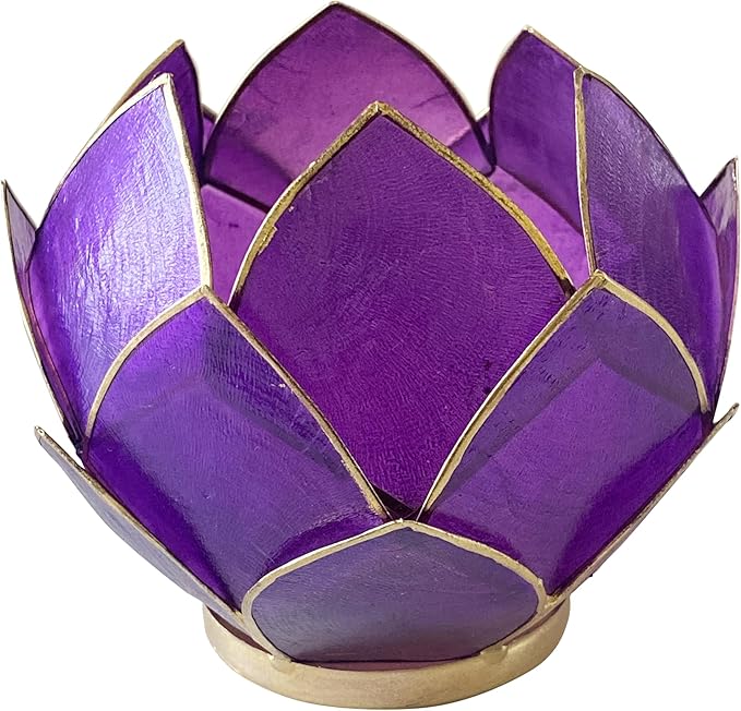 Blooming Lotus Capiz Shell Tealight Candle Holder, Handcrafted Decorative Tea Light Candleholder with Translucent Flower Petals for Ambient Illumination and Natural Elegance, Purple