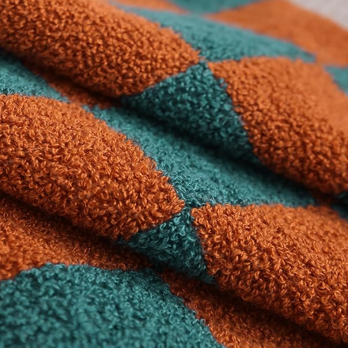 Alysheer Checkered Embroidered Decorative Throw Pillow Covers 18"x 18" Set of 2, Farmhouse Cottage Teal Brown Plaid Tufted Patterned Cotton Canvas Cushion Case for Sofa Couch Bed Living Room