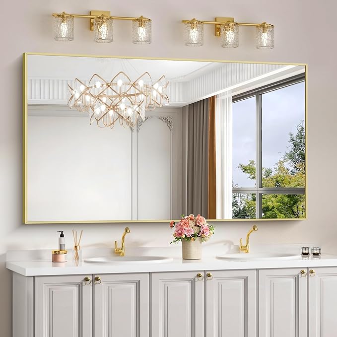 30x55In Gold Bathroom Mirror for Wall, Brushed Gold Rectangle Mirrors with Metal Frame, Bathroom Rectangular Mirror Modern Wall Mirror for Bedroom Living Room, Hangs Horizontal or Vertical